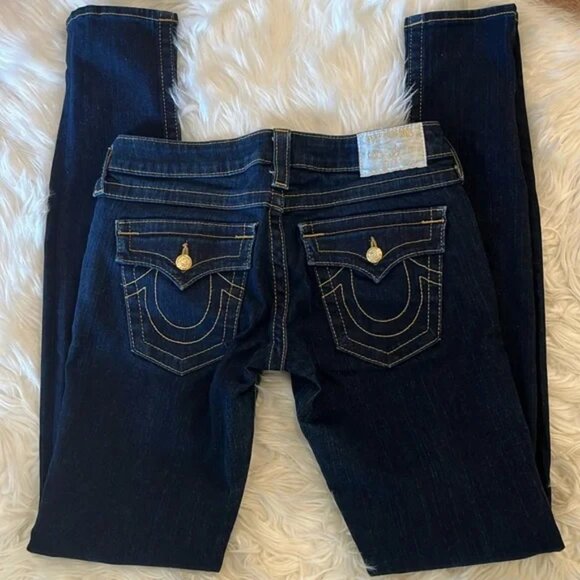 NWOT True Religion Julie Gold Crystal Buttons Straight Leg Jeans ~ in Dark Blue - Picture 1 of 16
